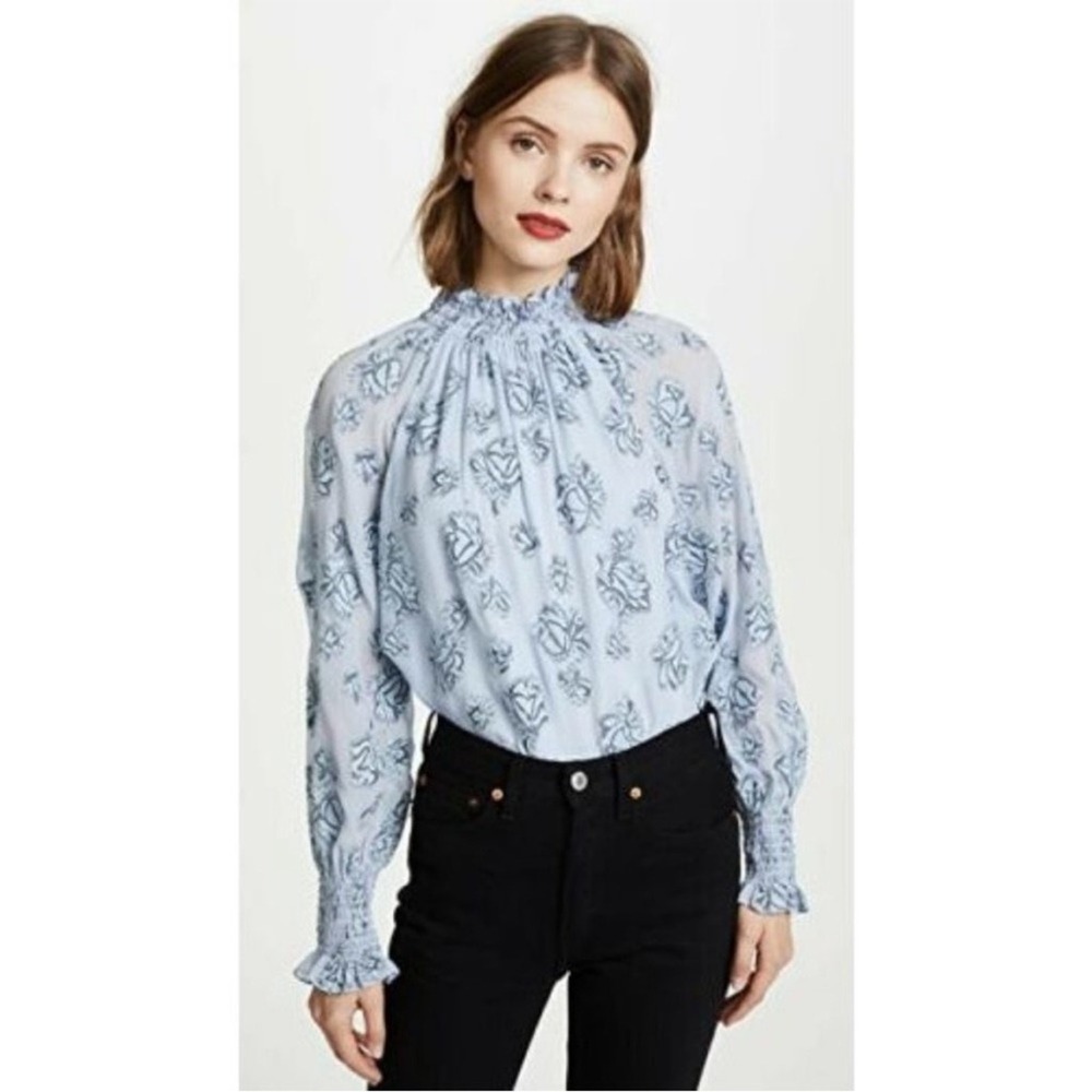 NWT Rebecca Taylor high neck blue rose chiffon blouse size 4 silk blend